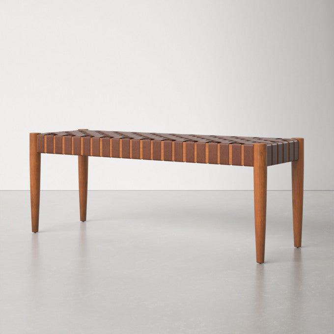 Customizable Woven Leather Bench Brown Wood Tanned Leather - LuxoraCraft