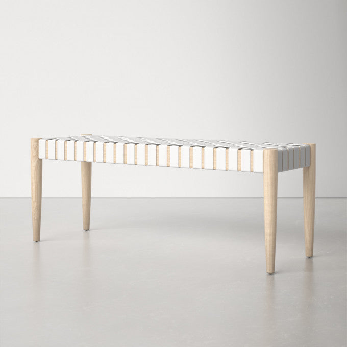 Customizable Woven Leather Bench White Wood Tanned Leather - LuxoraCraft