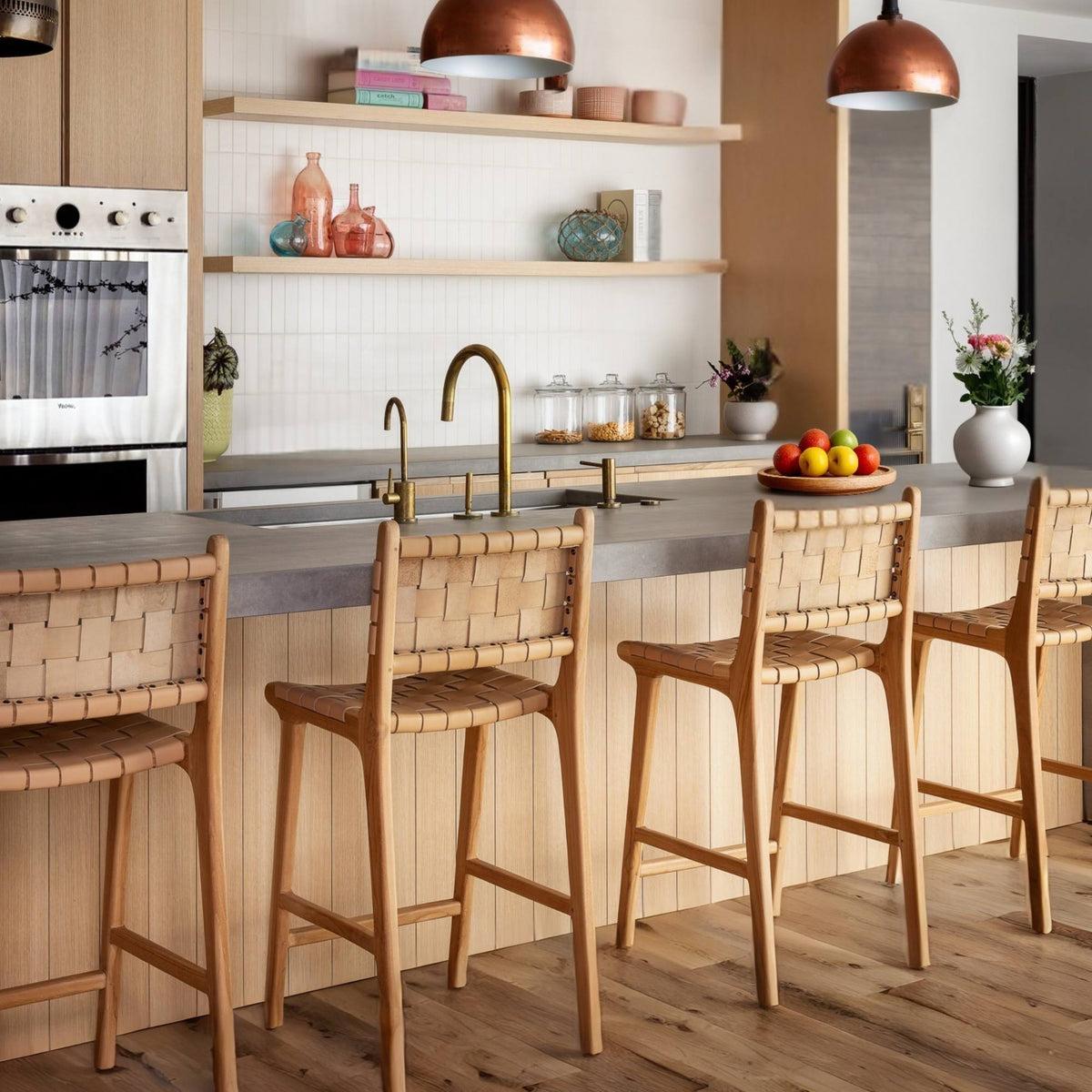 Natural Teak Wood Counter Stool Beige Woven Leather Straps - LuxoraCraft