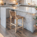 Natural Teak Wood Counter Stool Dark Brown Leather Strap - LuxoraCraft