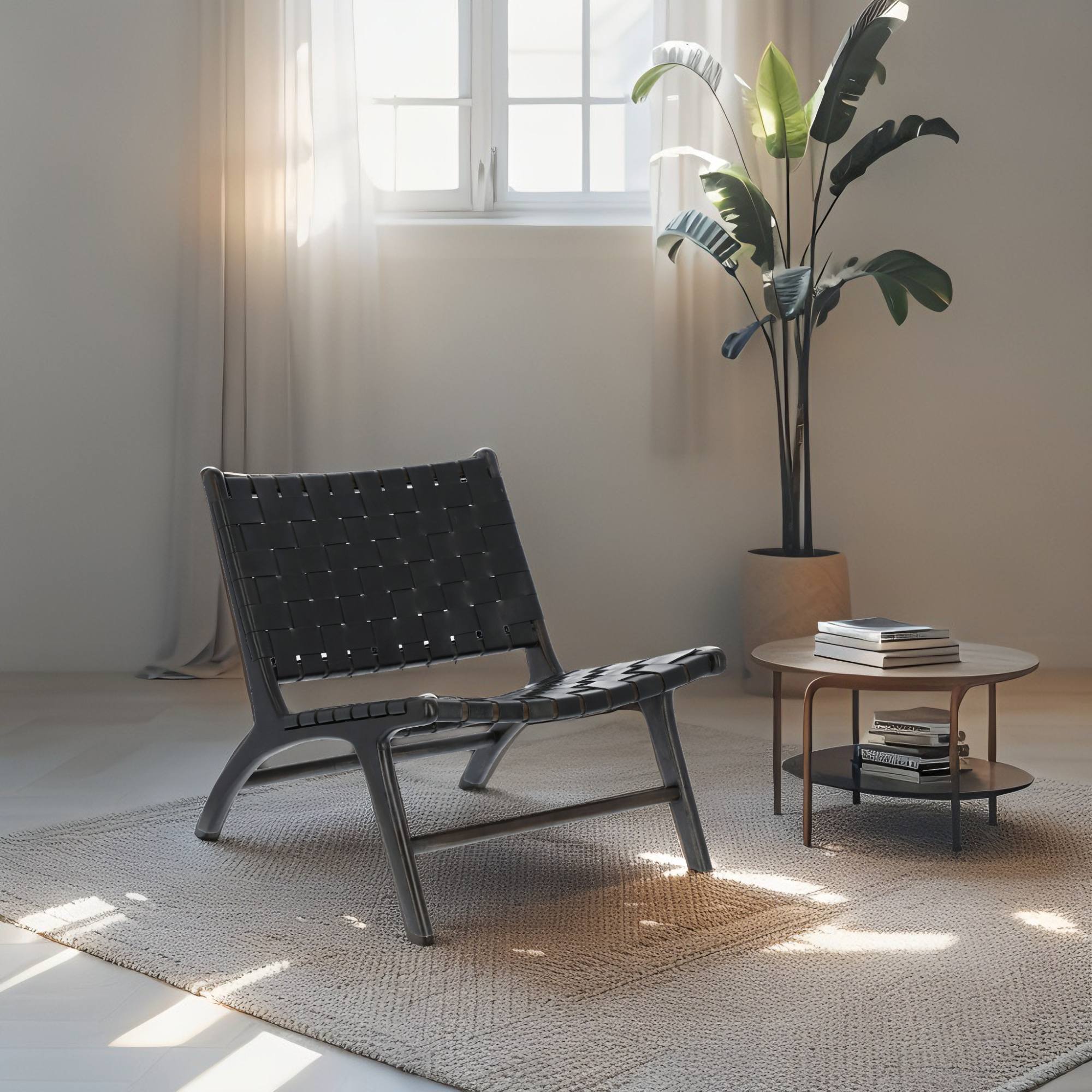 Black Full-Grain Woven Leather Lounge Chair – Handcrafted with Teak Wood Frame