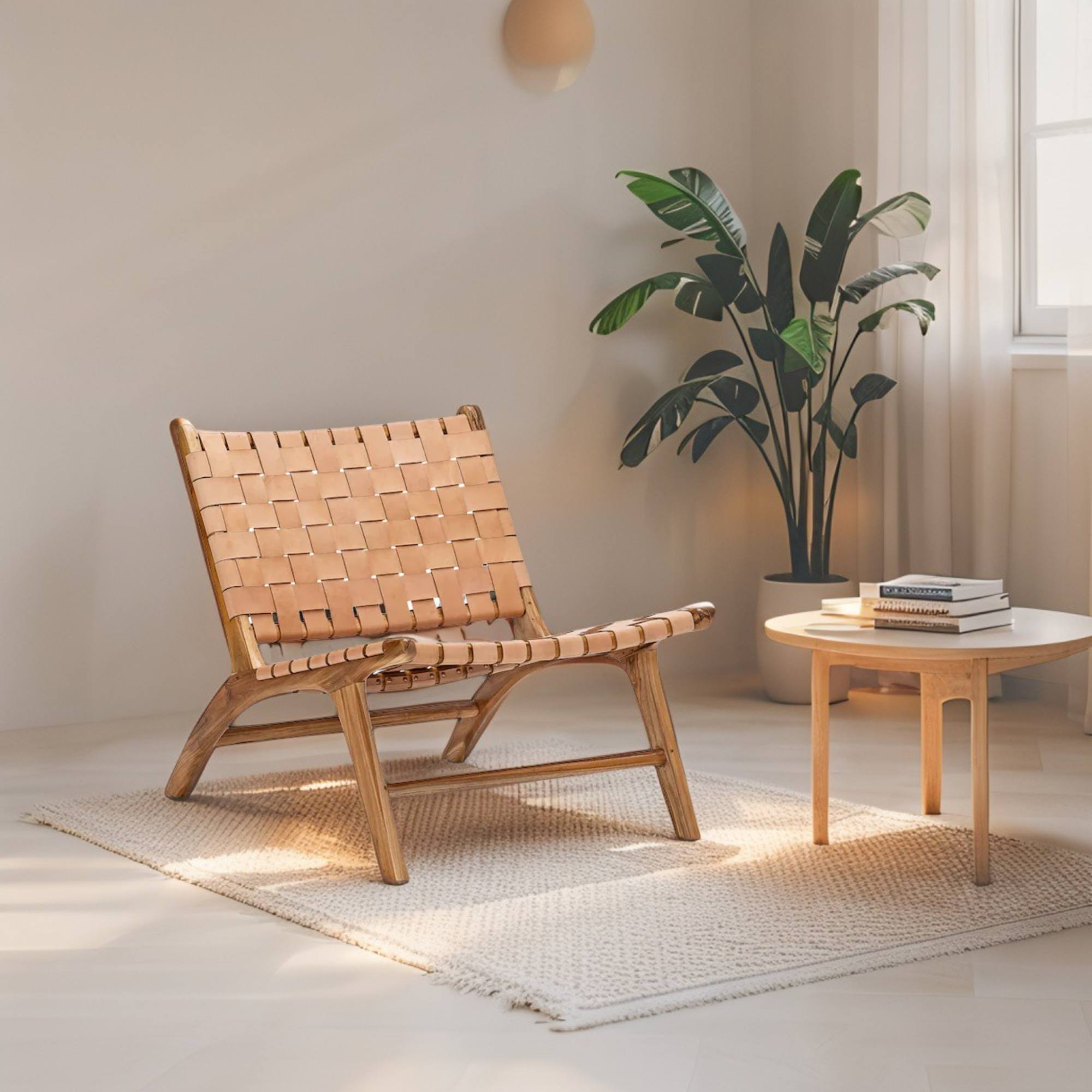 Tan-Woven Leather Lounge Chair