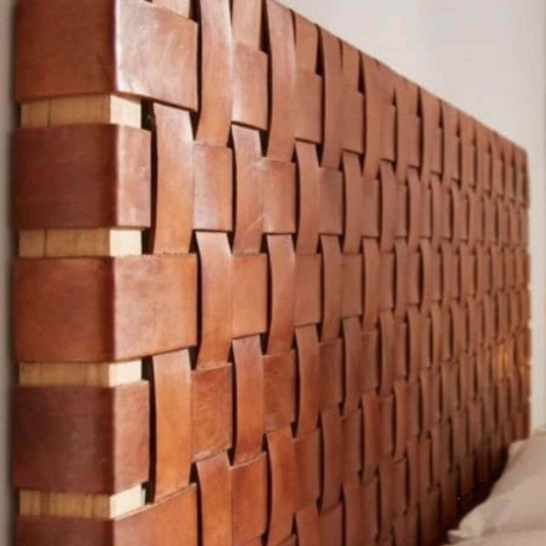 Woven Leather Headboard Chestnut Solid Wood Frame Artisan - LuxoraCraft