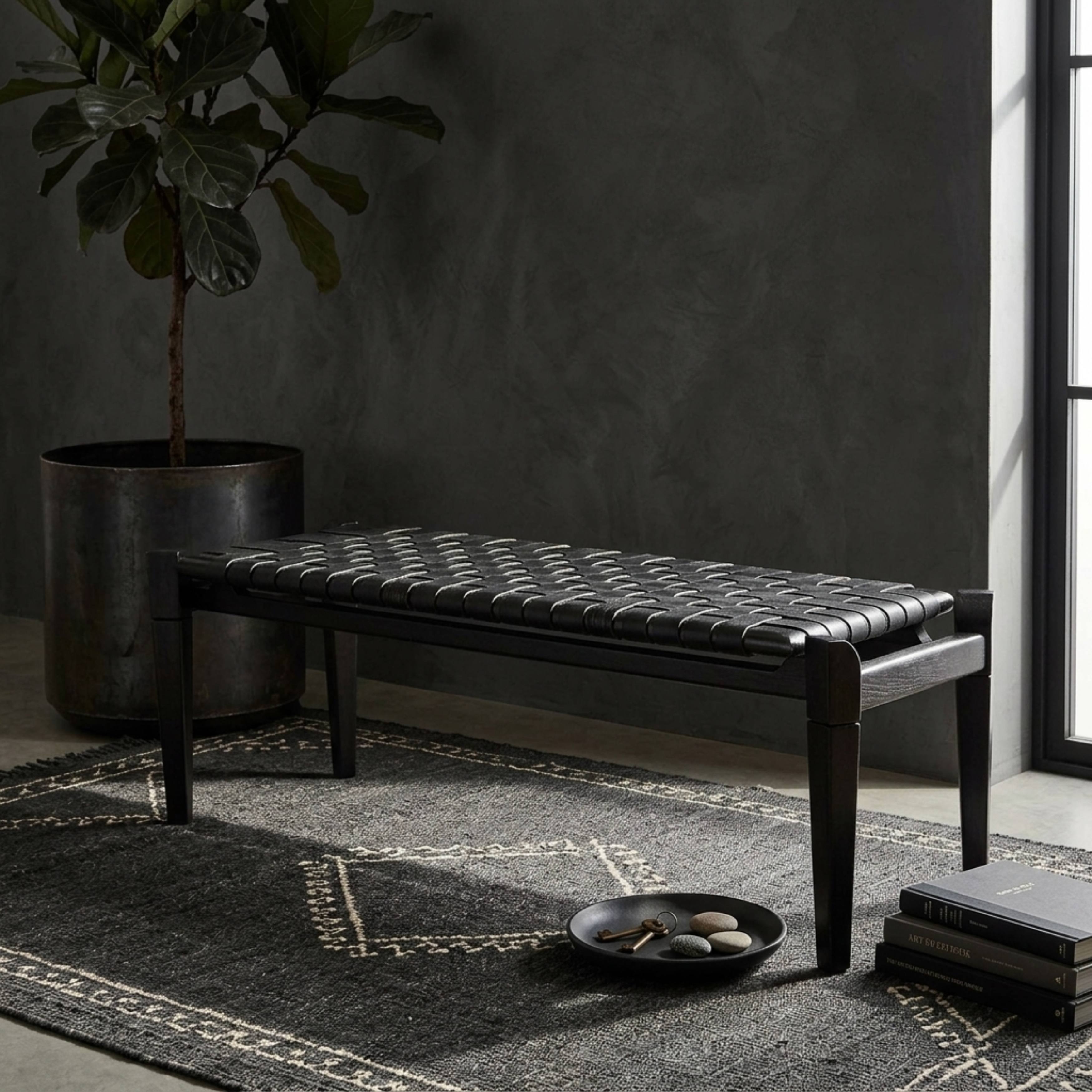 Woven Leather Bench – Black Strap Leather Seat on Black Teak Wood Frame