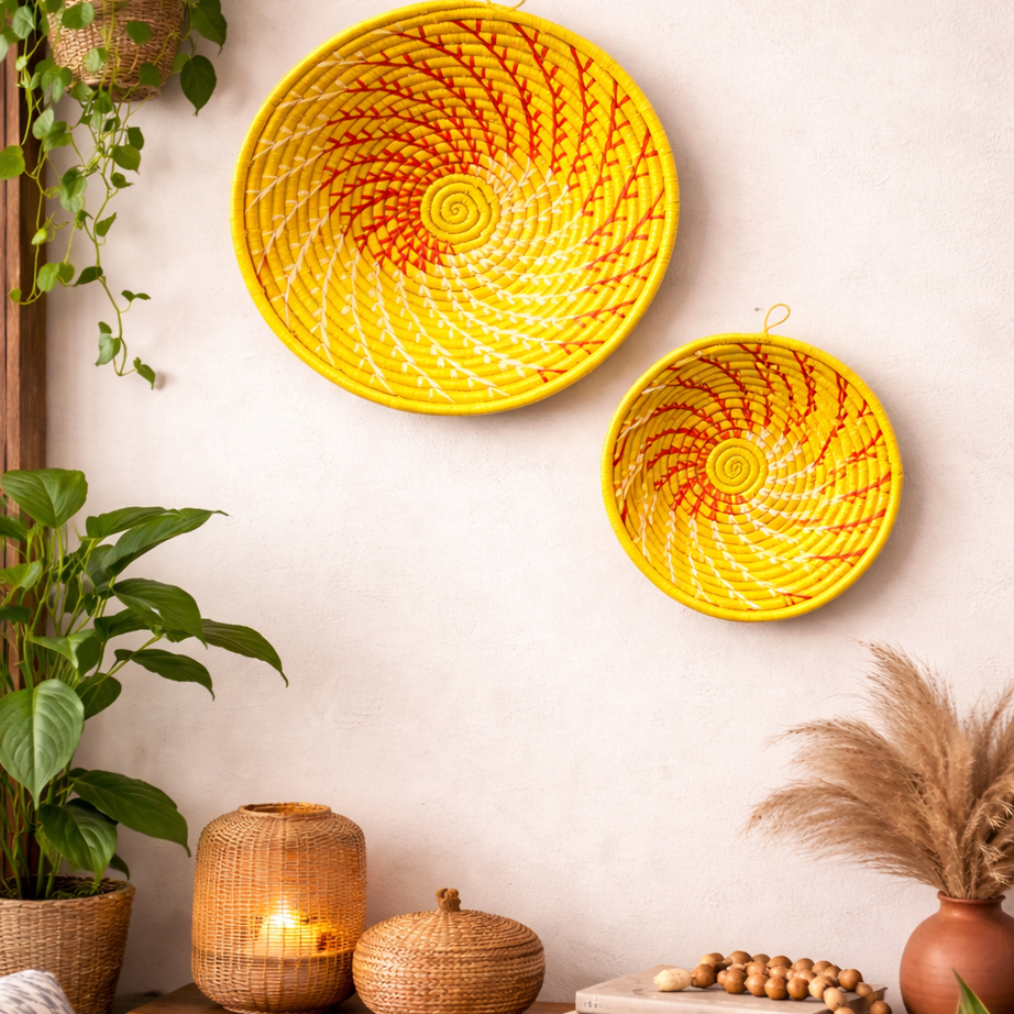 Yellow Woven African Wall Baskets Set of 2