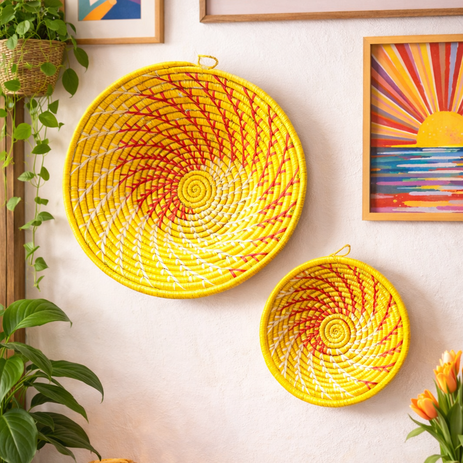 Yellow Woven African Wall Baskets Set of 2