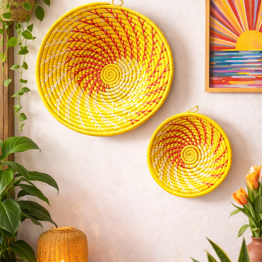 Yellow Woven African Wall Baskets Set of 2