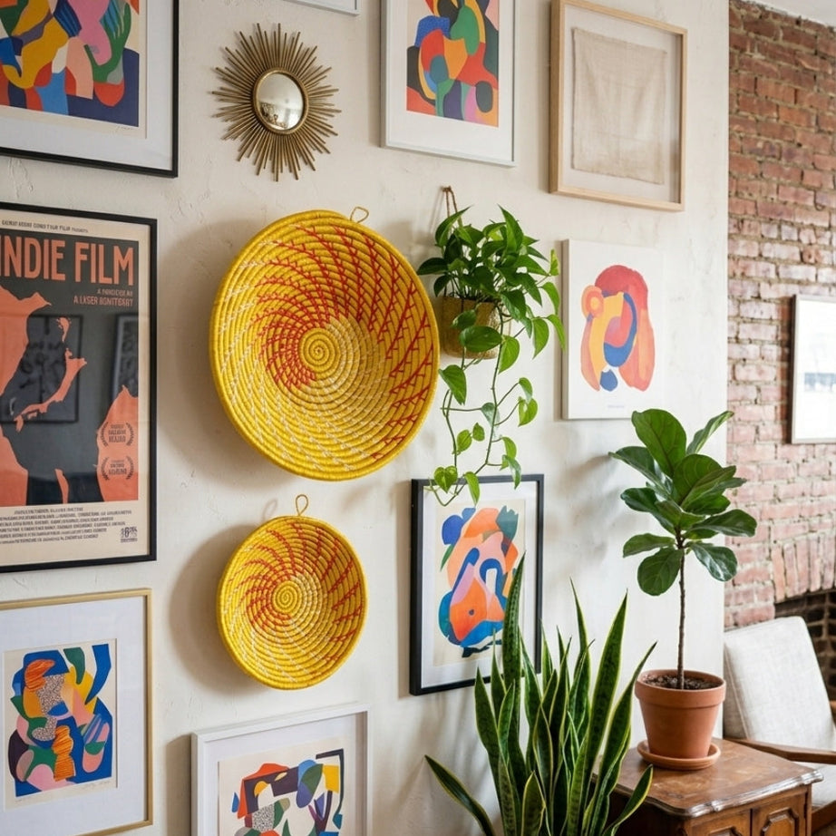 Yellow Woven African Wall Baskets Set of 2